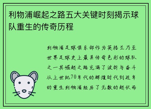 利物浦崛起之路五大关键时刻揭示球队重生的传奇历程