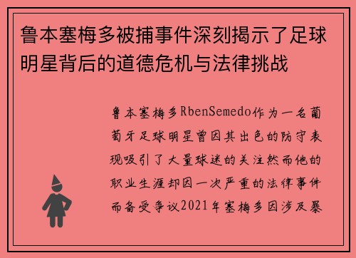 鲁本塞梅多被捕事件深刻揭示了足球明星背后的道德危机与法律挑战