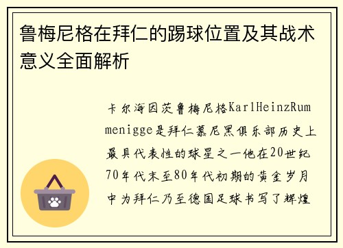 鲁梅尼格在拜仁的踢球位置及其战术意义全面解析 鲁梅尼格在拜仁的踢球位置及其战术意义全面解析